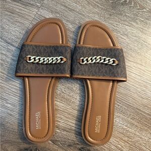 Michael Kors Tan and Brown Chain Slide Sandals